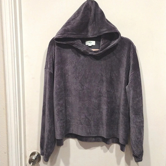 Aerie Gray Ribbed Velour Groove On Cropped Lounge Hoodie Sz M-Casual Slouchy - Picture 1 of 8